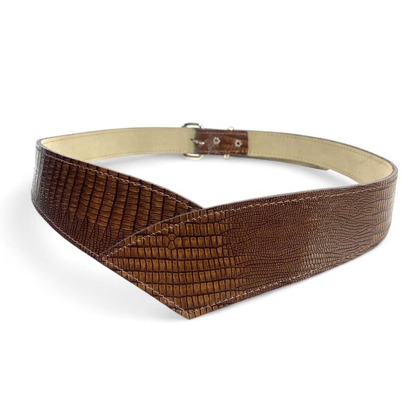 Vintage Corset Style Belt Croc-Embossed Bonded Leather Brown M-L Silver Buckle - Picture 1 of 4